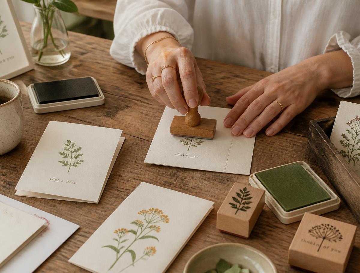 Hands pressing a rubber stamp onto a cream greeting card at a wooden table